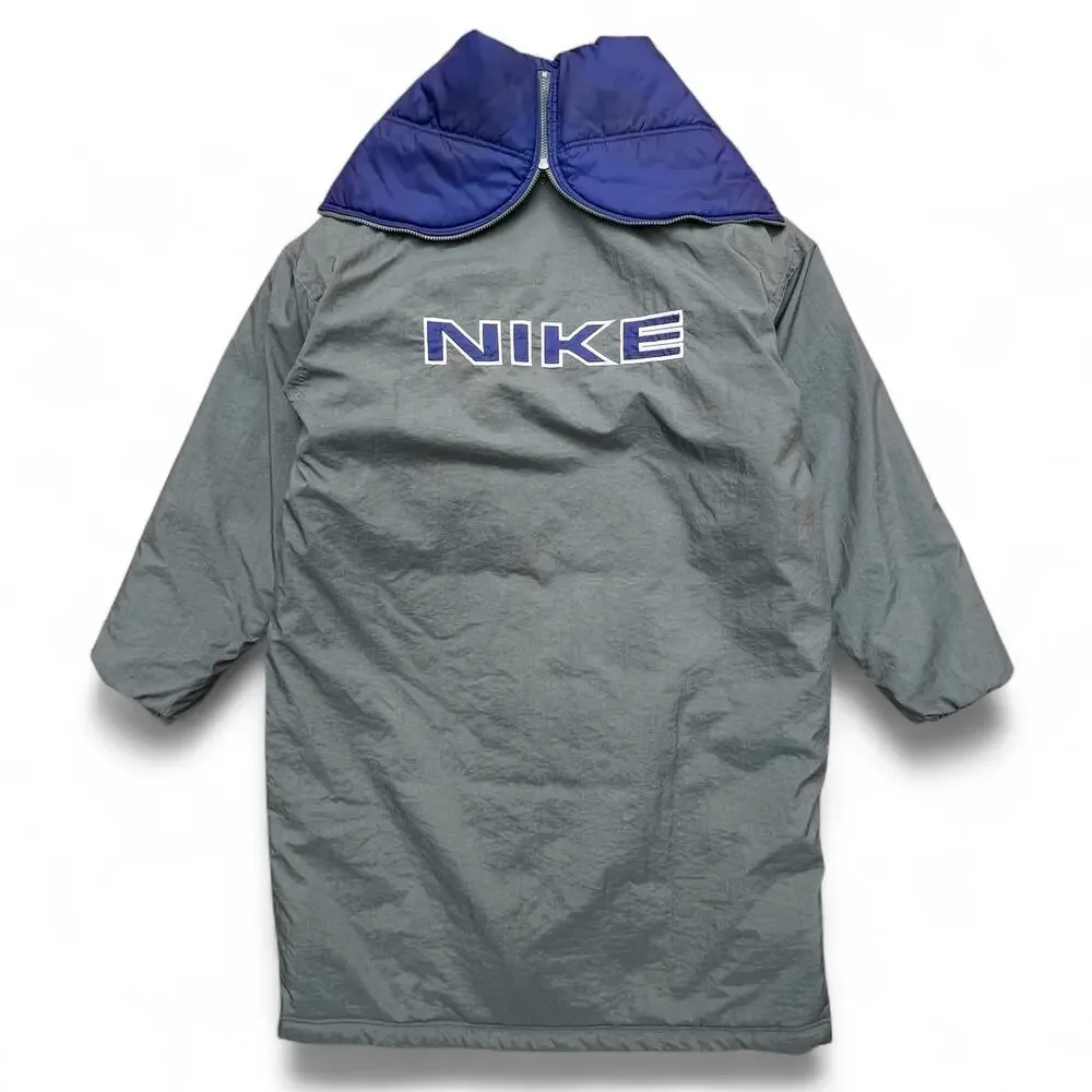 Vintage Nike Swoosh Split Hooded Long Puffer Jacket Parka Coat Green Navy L 90s